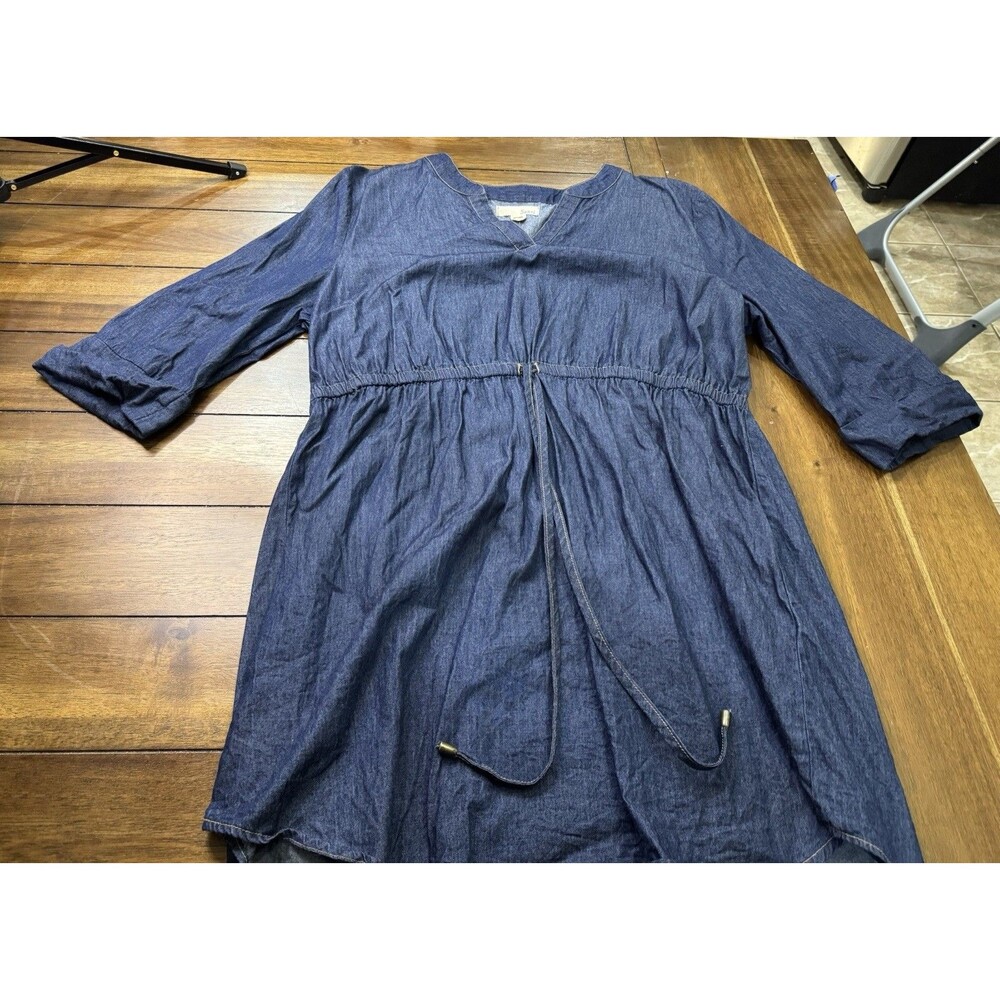 Sauci Blue Denim Dress XL V-Neck 3/4 Sleeve Drawstring Waist Chambray Tunic XL